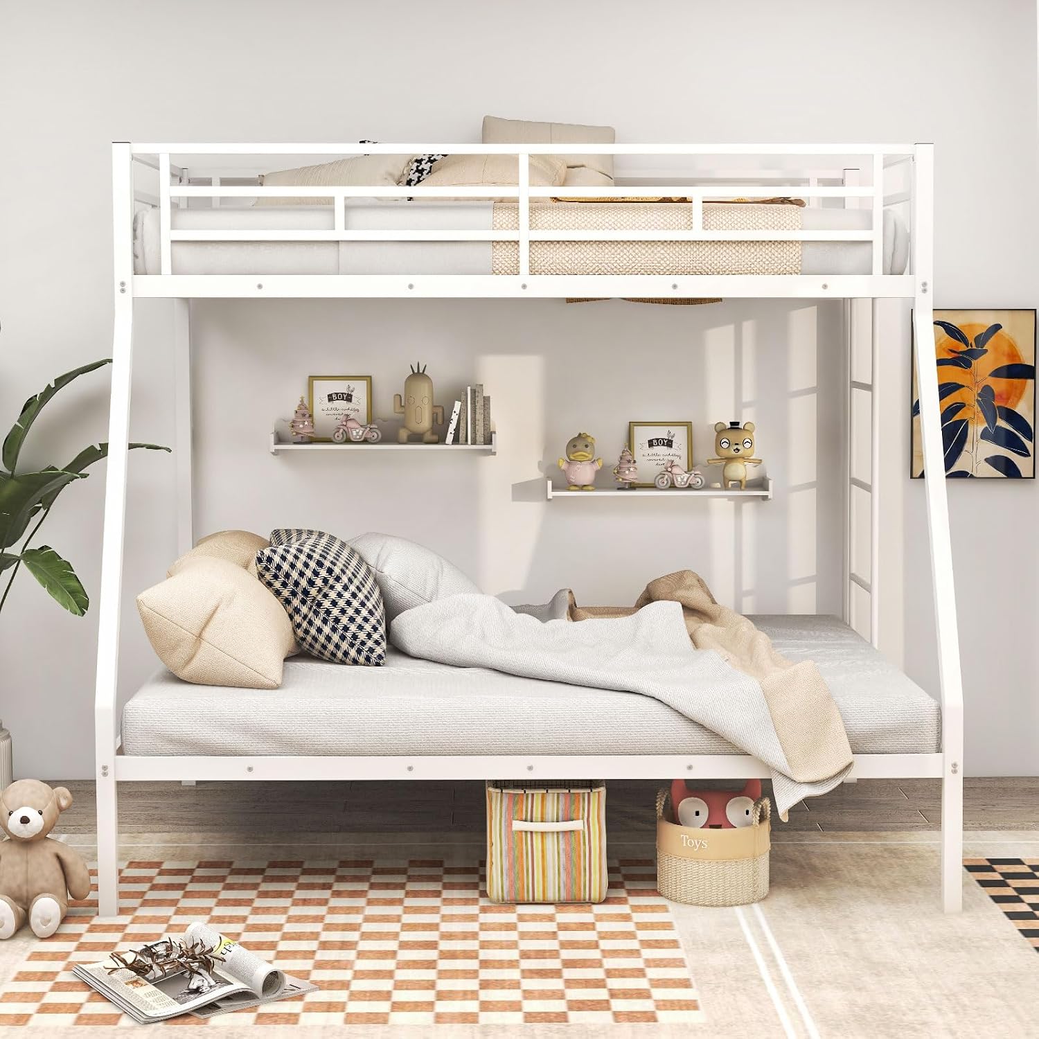 DORTALA Twin Over Full Bunk Bed, Metal Bunk Bed Frame w/Ladder, Safety Rail & Steel Slats, Space-Saving Bunk Beds for Kids Teens Adults, Noise Free for Dorm Bedroom, No Box Spring Needed, White