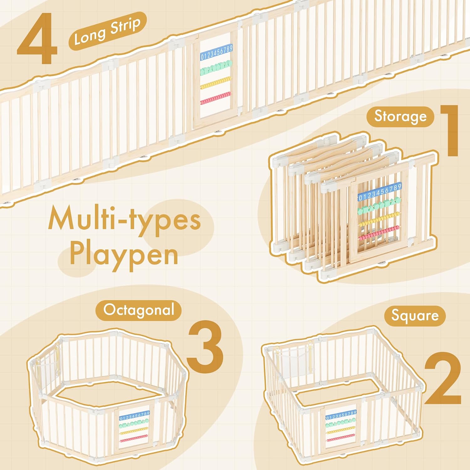 Wooden Baby Playpen 50 × 50 Inches, Foldable Playpen Fence with Cute Digital Blocks & Storage Bag, Wooden Baby Gate, Multi-Shape Play Yard for Babies and Toddlers Indoor Outdoor