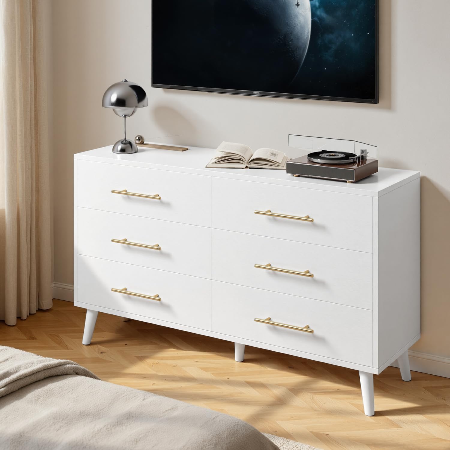 Ahomly 6 Drawer Dresser for Bedroom, 47.5' Wide Chest of Drawers with Metal Handles and Anti-Tip Kit, Large Capacity Storage Dresser for Living Room, Entryway, or Nursery, White
