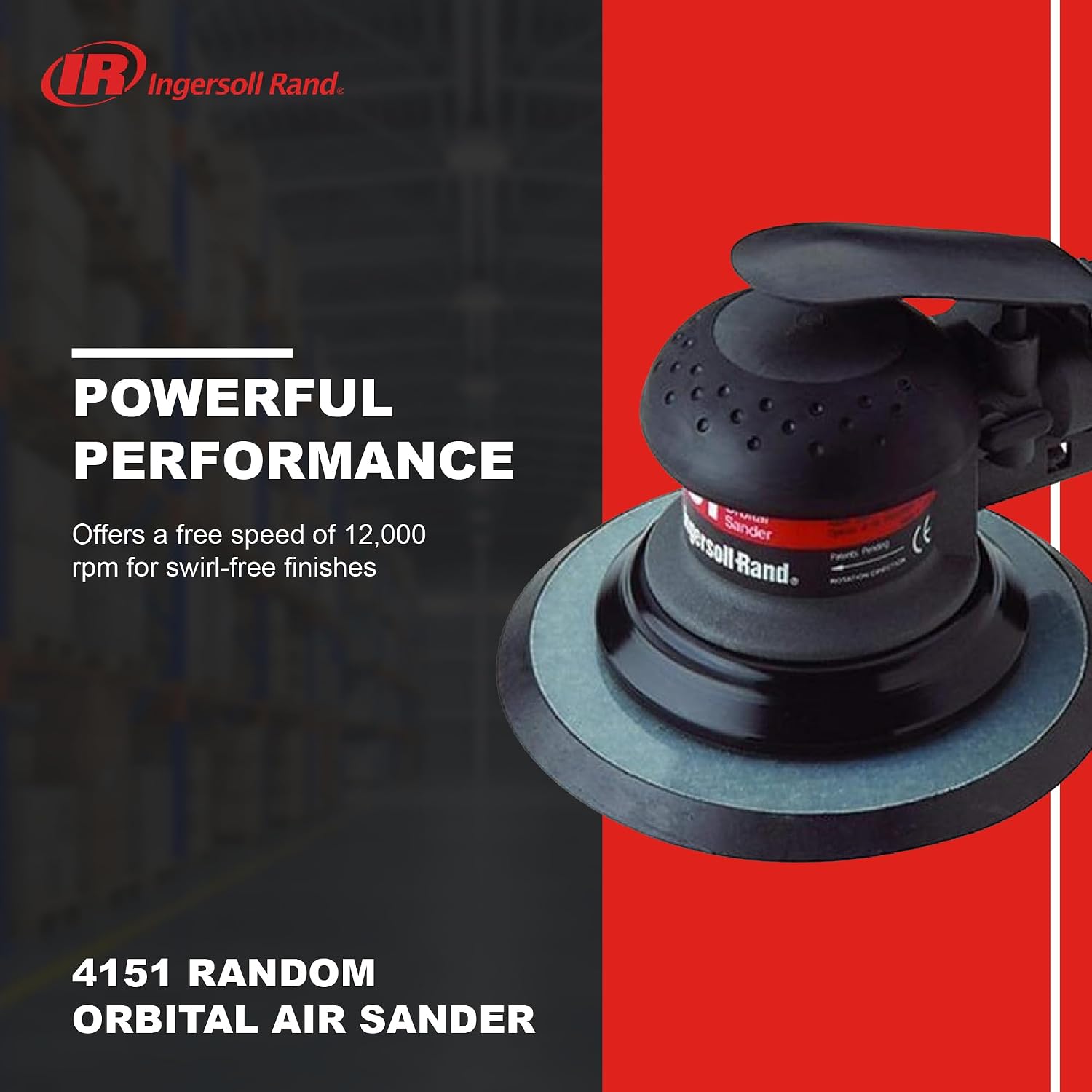 Ingersoll Rand 4151 Random Orbital Air Sander, 3/16' Orbit, 6' Vinyl Pad, 12,000 RPM, 0.2 HP