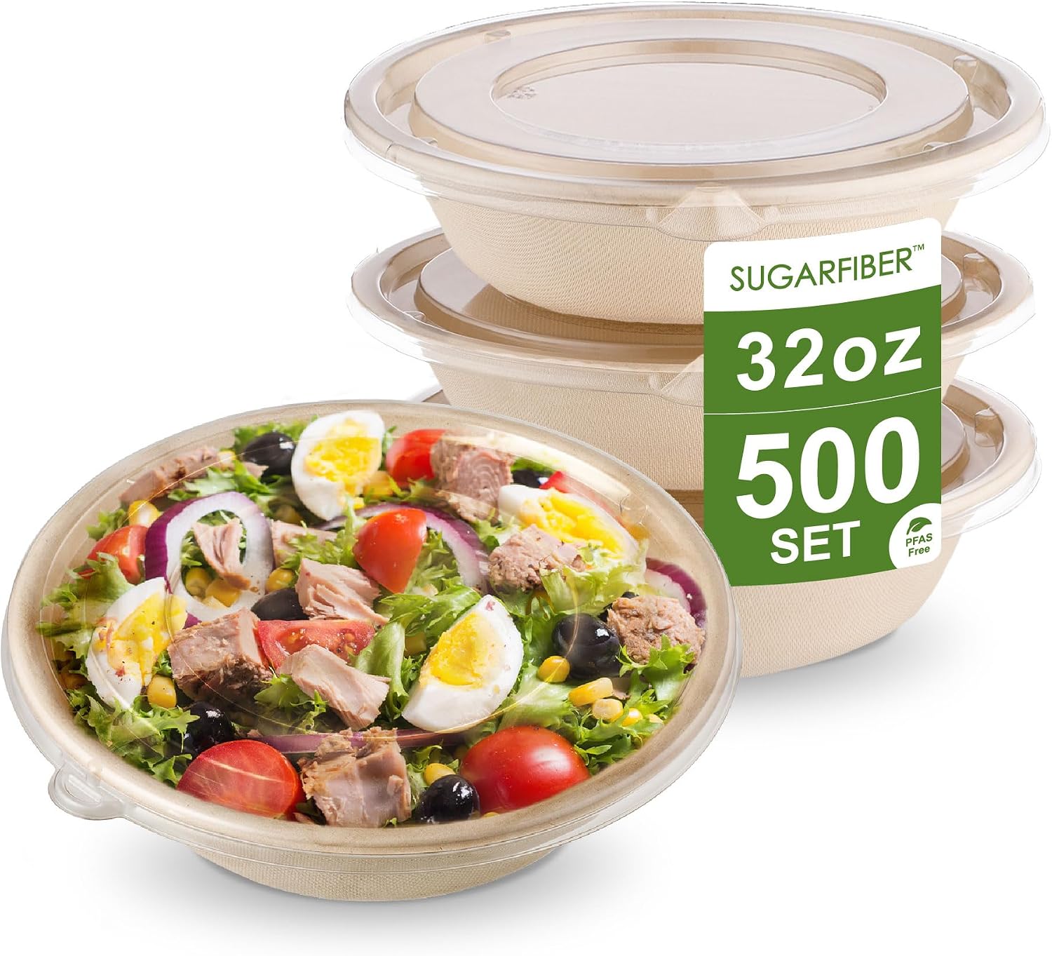 [500 SET]Harvest Pack 32 oz Round Compostable Bowls with Flat Lids, Heavy-Duty Eco-Friendly Disposable Bagasse Paper Bowl for Meal Prep, Made of Sugarcane Plant Fiber PFAS-Free