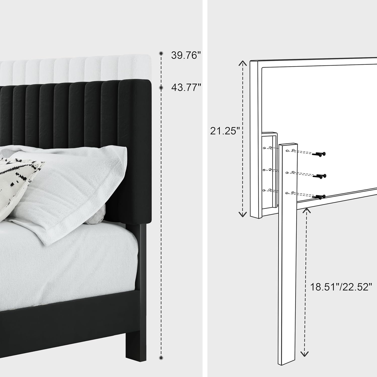 Full Size Bed Frame, Velvet Upholstered Platform Bed with Adjustable Tufted Headboard, Sturdy Frame and Slats, Noiseless, No Box Spring Required, Easy to Assemble, Black