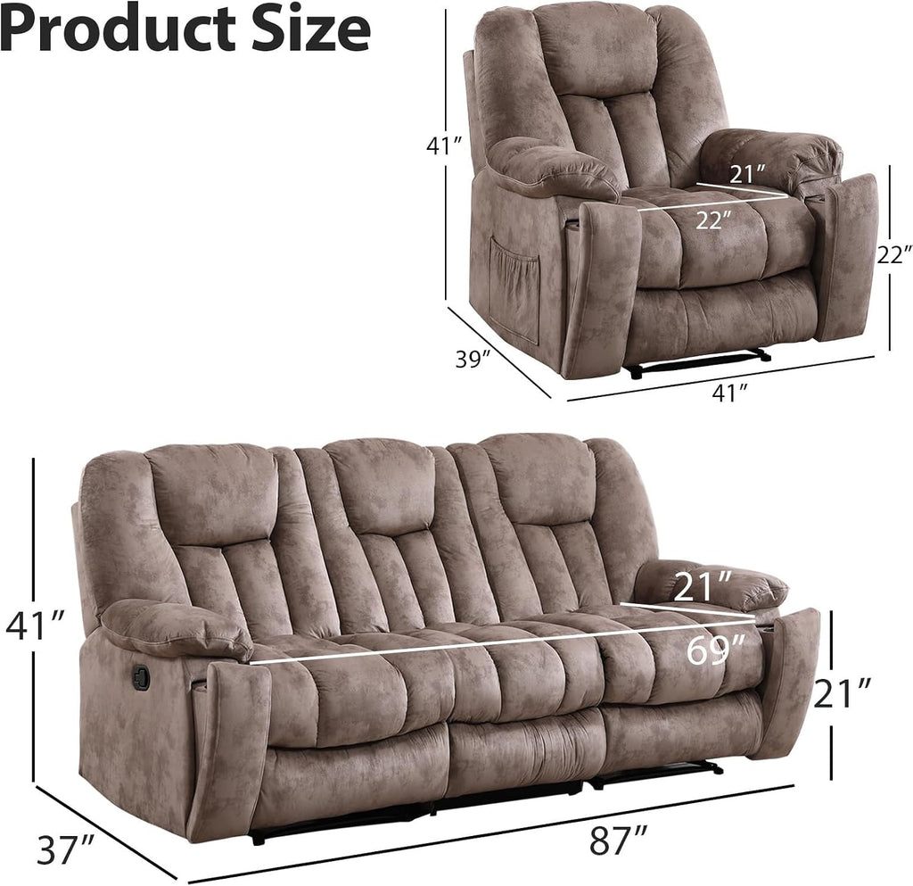 EBELLO Reclining Living Room Set, Soft Fabric Manual Recliner Sofa Furniture Set, Includes 2 Recliner Chairs with Massage and Heat and 3 Seat Sofa, Light Brown