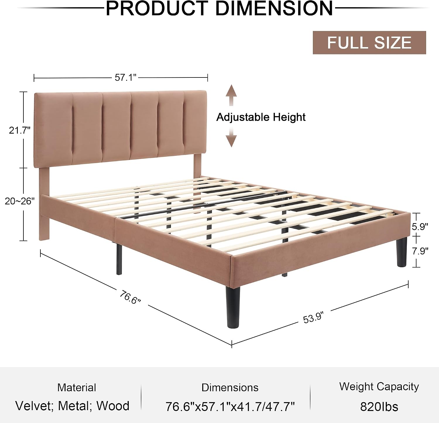 VECELO Full Size Bed Frame with Upholstered Headboard, Heavy-Duty Bedframe with Wooden Slats & Steel Framework, Easy Assembly, Coffee