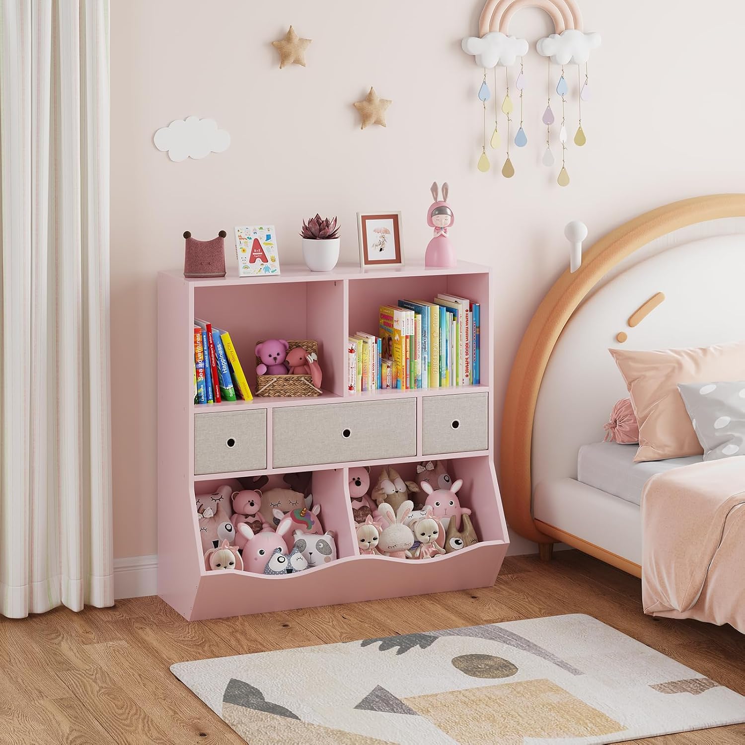 Kids Bookshelf with Toy Storage and Drawers, Multi-Shelf Bookcase with Cubby Organizer Cabinet for Boys & Girls, Storage Unit for Playroom, Bedroom, Hallway-Pink