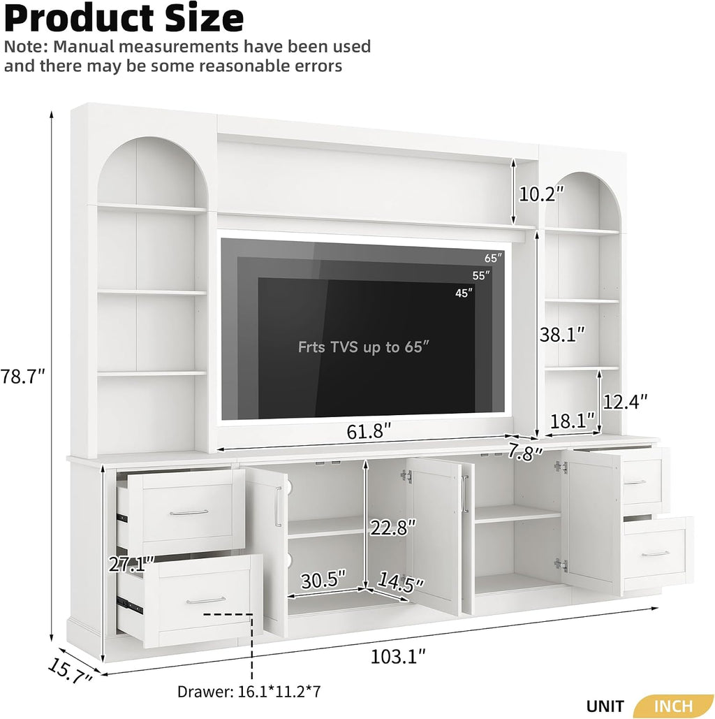 Modern Arched Entertainment Center with Bookshelves and Drawers, Farmhouse TV Stand for TVs Up to 65 Inch, All-in-One Console Media Console Unit with Adjustable Shelves & Cable Holes, White