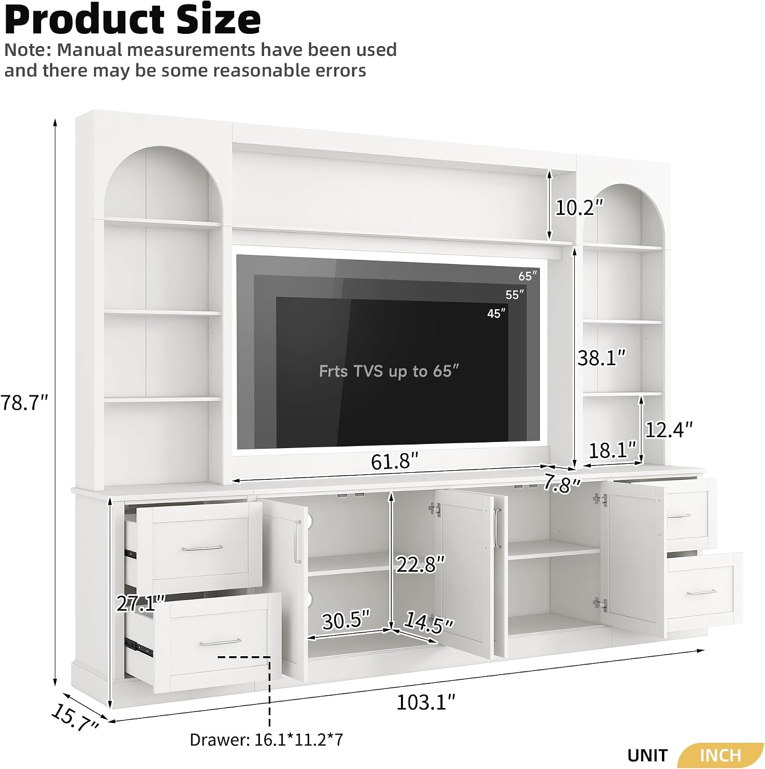 Modern Arched Entertainment Center with Bookshelves and Drawers, Farmhouse TV Stand for TVs Up to 65 Inch, All-in-One Console Media Console Unit with Adjustable Shelves & Cable Holes, White