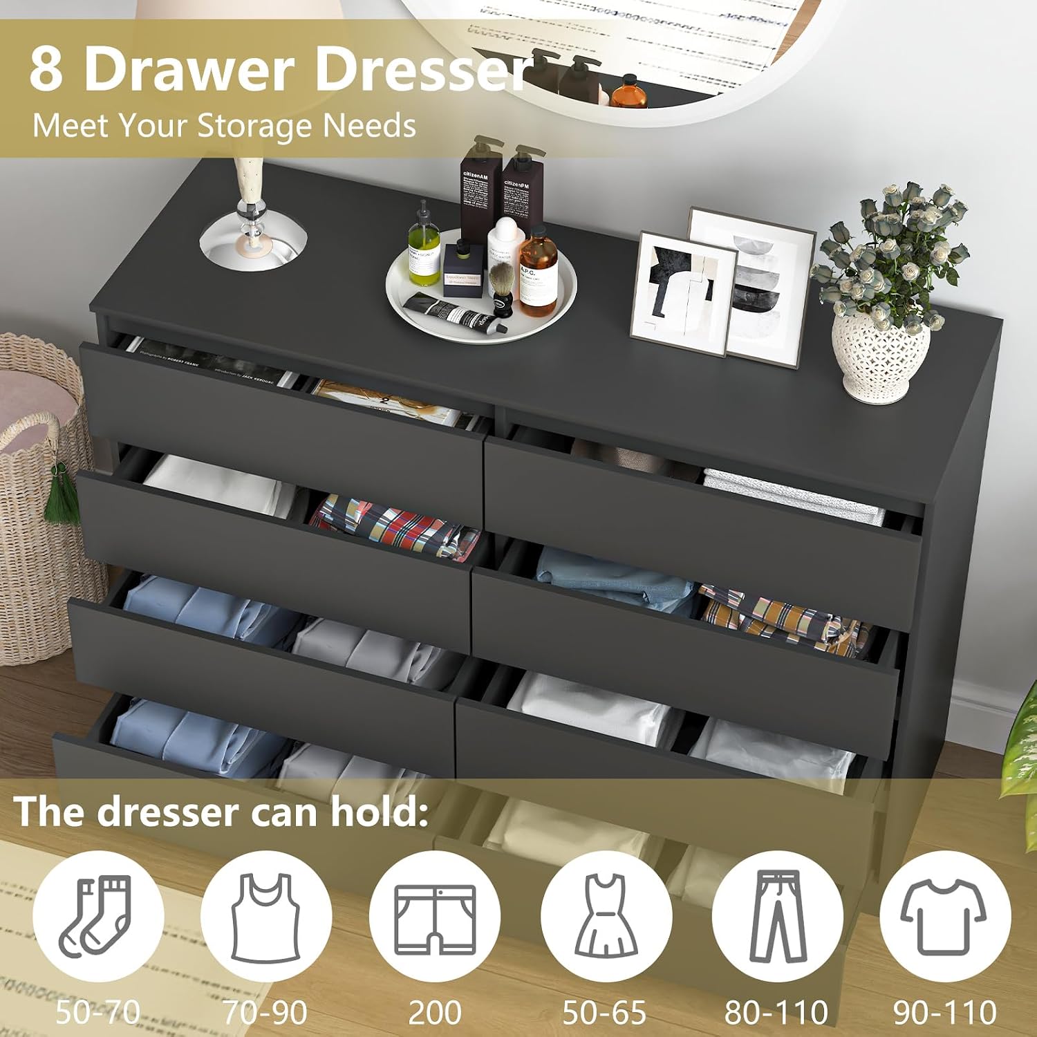 Black 8 Drawer Dresser for Bedroom,Modern Large Dresser with Deep Drawer,Wide Storage Chest of Drawer, Bedroom Storage Furniture Drawers for Bedroom