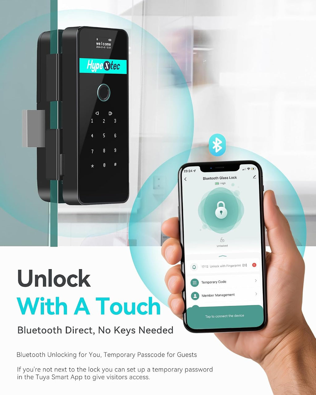 2026 No-Drill Smart Glass Lock for Frameless Doors,Auto-Reversal Keyless Entry Gate Locks with 5 Unlock Ways,Bluetooth App Control/Fingerprint/IC Card/Password/Keys,Home Office Business