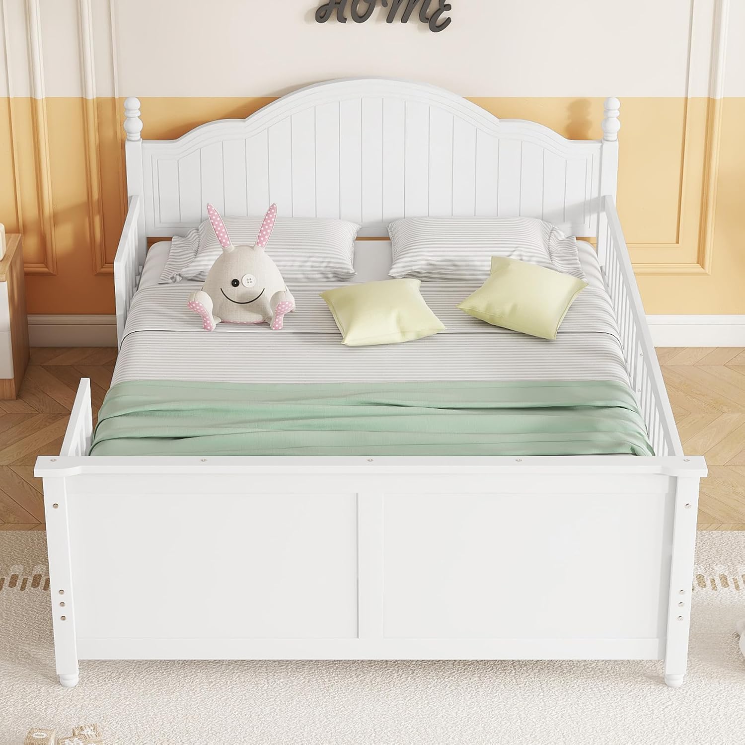 KEIKI Full Size Wooden Floor Bed w/Safety Removable Rails, Kids Platform DayBed Frame w/Headboard, Low Profile, Space Saving Day Beds for Boys Girls Bedroom, No Box Spring Needed, Easy Assembly, White