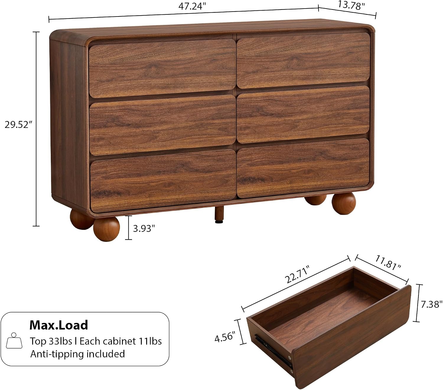 AVZEAR Modern 6 Drawer Dresser for Bedroom, 48' Wide Wooden Dresser Chest of Drawers, Handle Free & Curved Profile Design, Mid Century Closet Clothes Storage Organizer for Living Room, Walnut