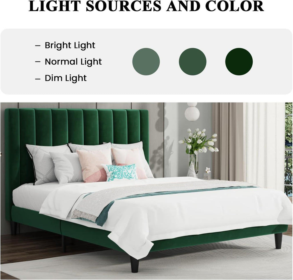 SHA CERLIN Full Bed Frame/Velvet Upholstered Platform Bed Frame with Headboard/Strong Wood Slats Support/Mattress Foundation/No Box Spring Needed - Green