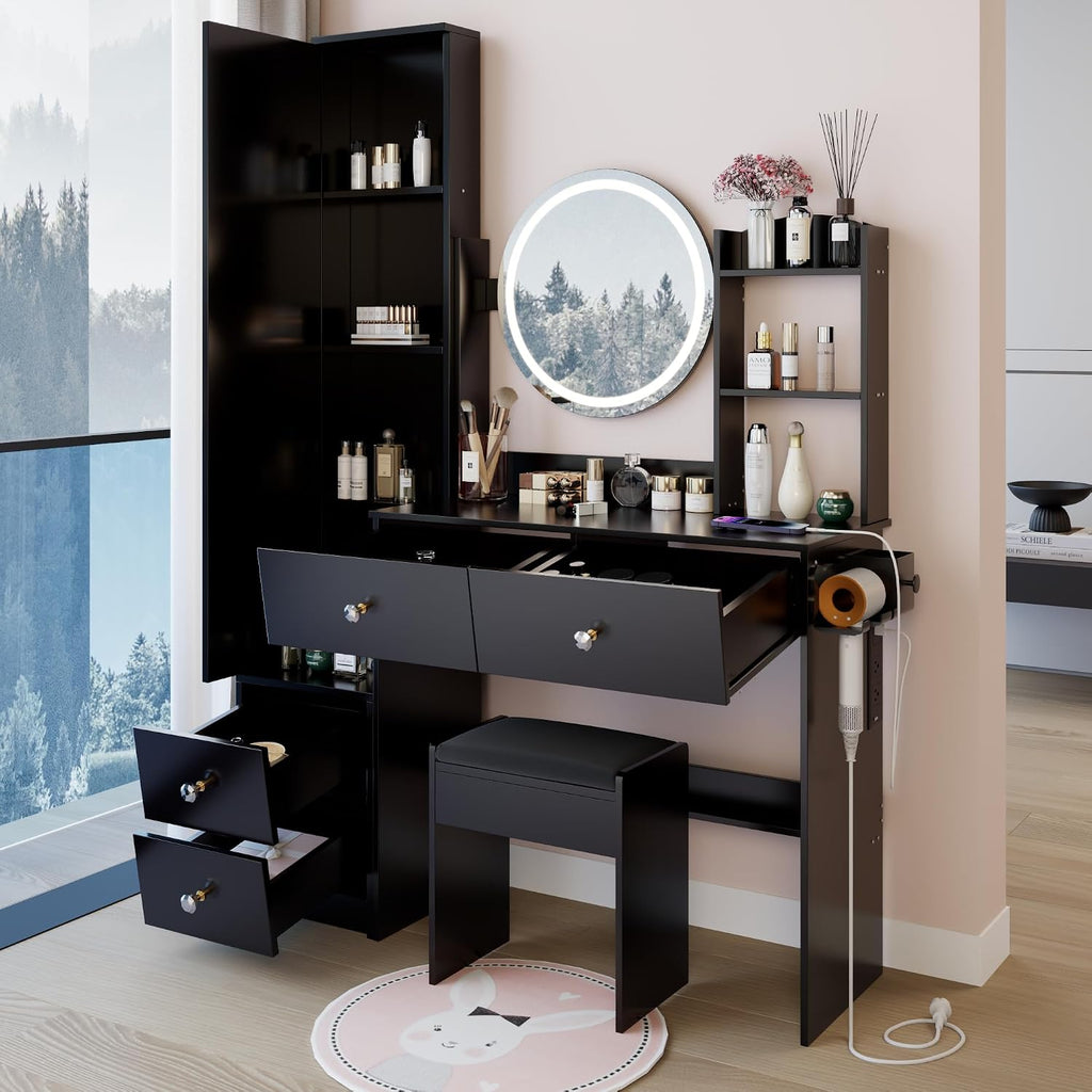 Modern Vanity Desk with Lights Detachable Full-Length Mirror Cabinet Power Outlet Makeup Dressing Table Vanity Set with Stool 4 Drawers Open Shelves for Bedroom Girl Women Vanity Gift (Black)