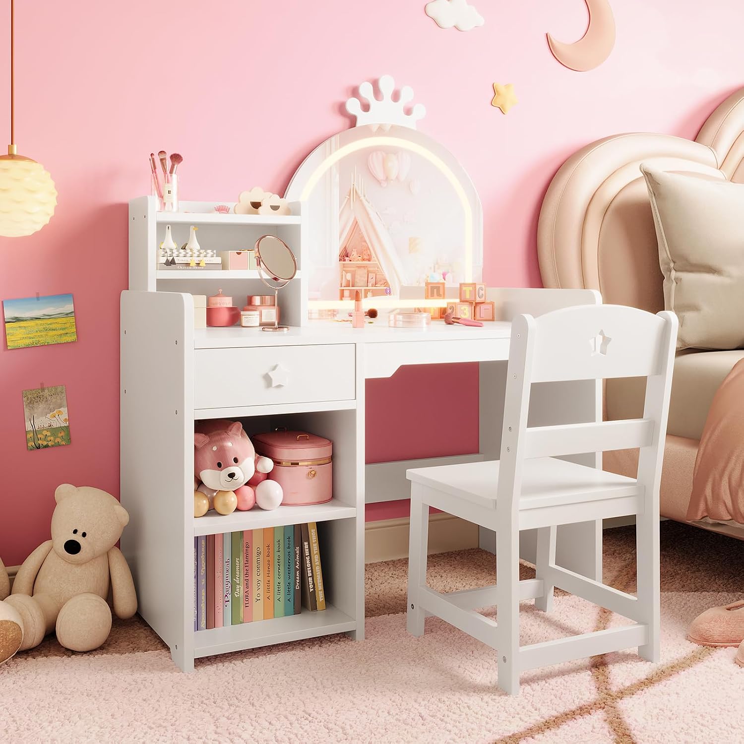 Garvee Kids Vanity with Lights, 2 in 1 Princess Makeup Vanity Desk with Open Bookshelf, Storage Cabinet & Shelves for Little Girls