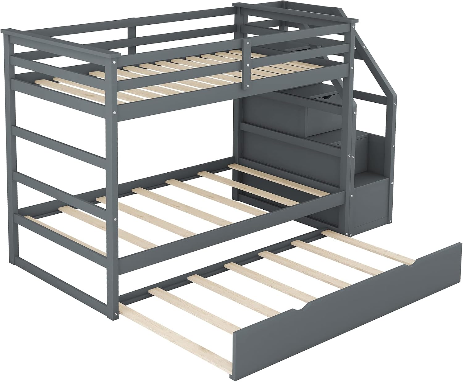 Harper & Bright Designs Twin-Over-Twin Bunk Bed with Twin Size Trundle and 3 Storage Stairs, Trundle Bunk Bed, Staircase Can be Installed on Right or Left Side (Gray)