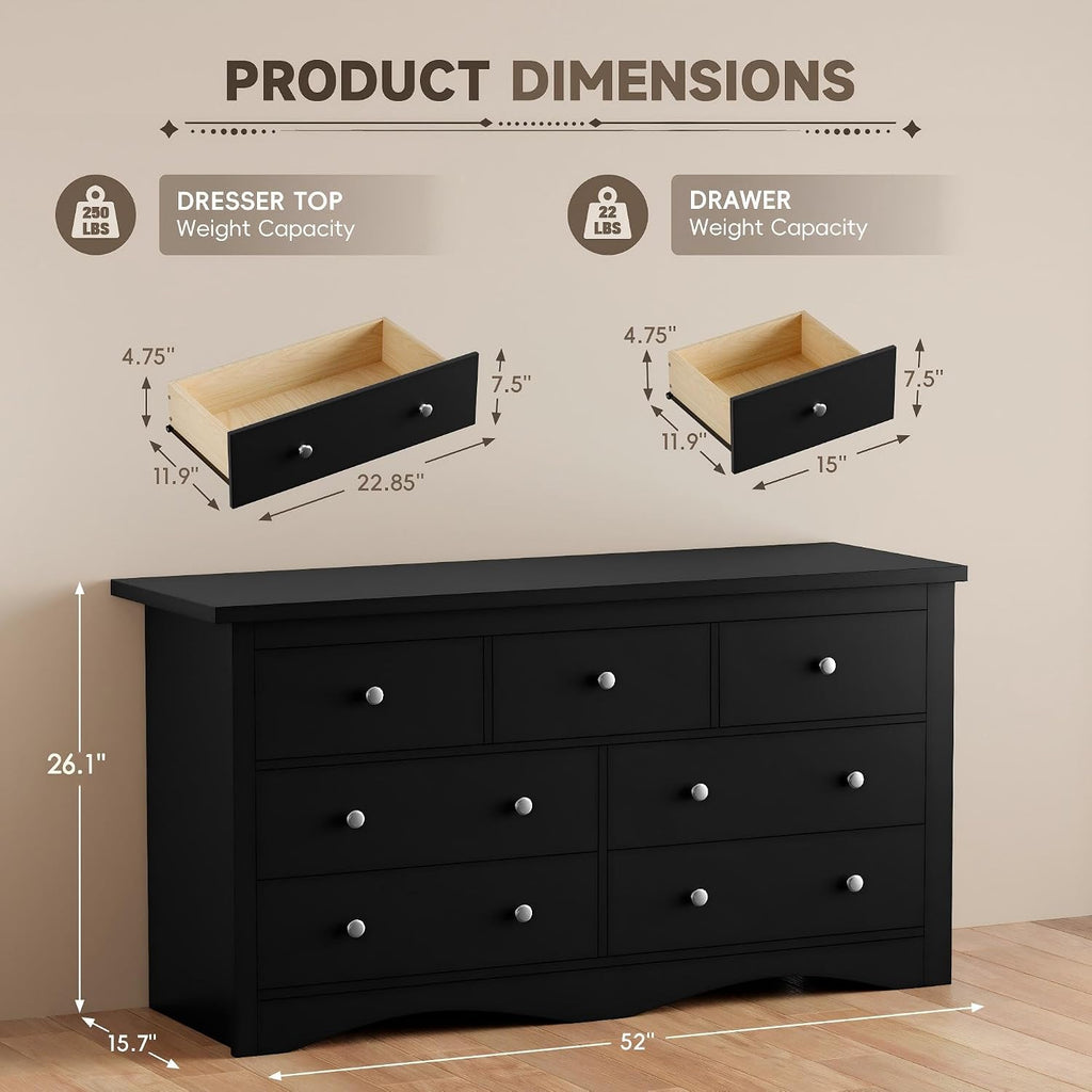 Furmax Dresser for Bedroom, 7 Wood Dresser, Chest of Drawers, for TV up to 65 inch, TV Stand Storage Chest of Drawers for Hallway Entryway (Black)
