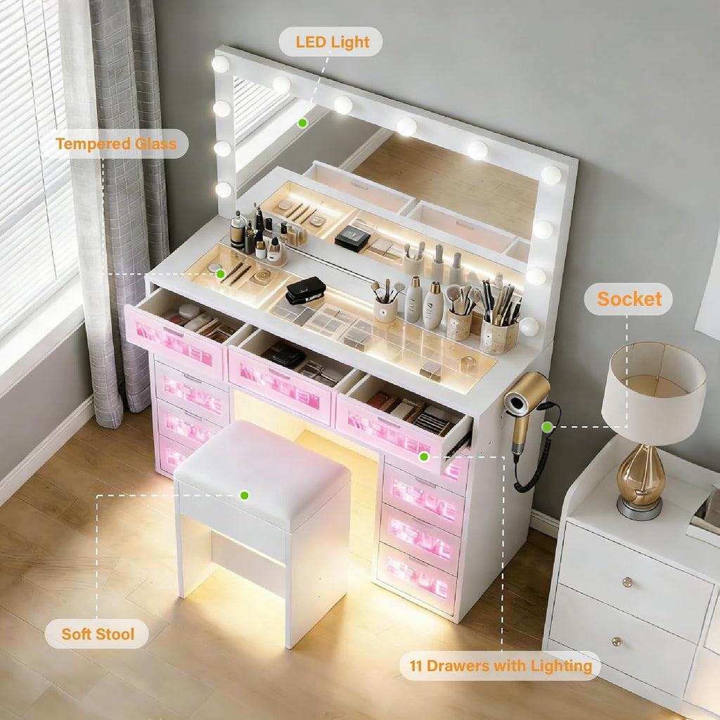 White Luxury Makeup Vanity with 11 Drawers & RGB Lights, Large Vanity Table with Padded Stool & 11 LED Bulbs, Vanity Desk with Power Station and Hair Dryer Holder, for Women Girls Bedroom.