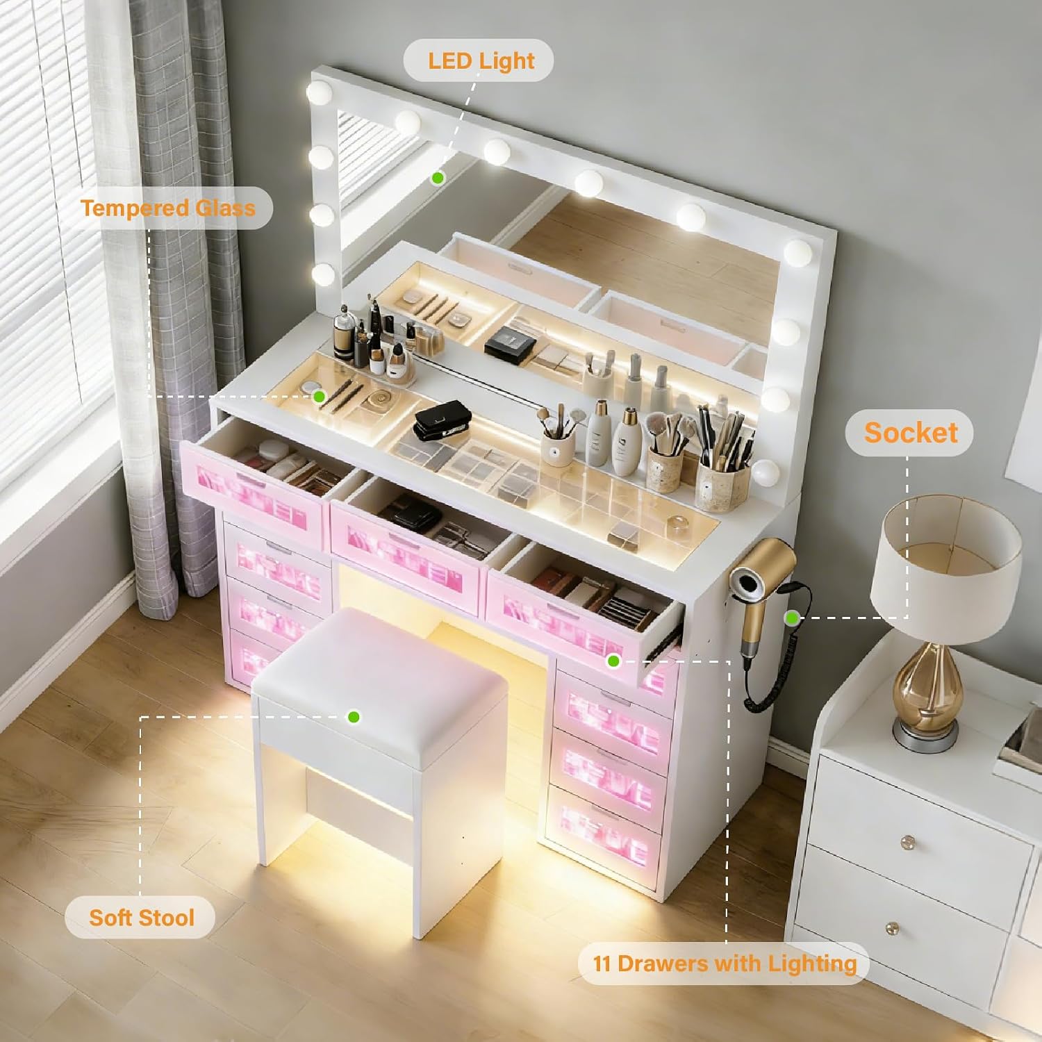 White Luxury Makeup Vanity with 11 Drawers & RGB Lights, Large Vanity Table with Padded Stool & 11 LED Bulbs, Vanity Desk with Power Station and Hair Dryer Holder, for Women Girls Bedroom.