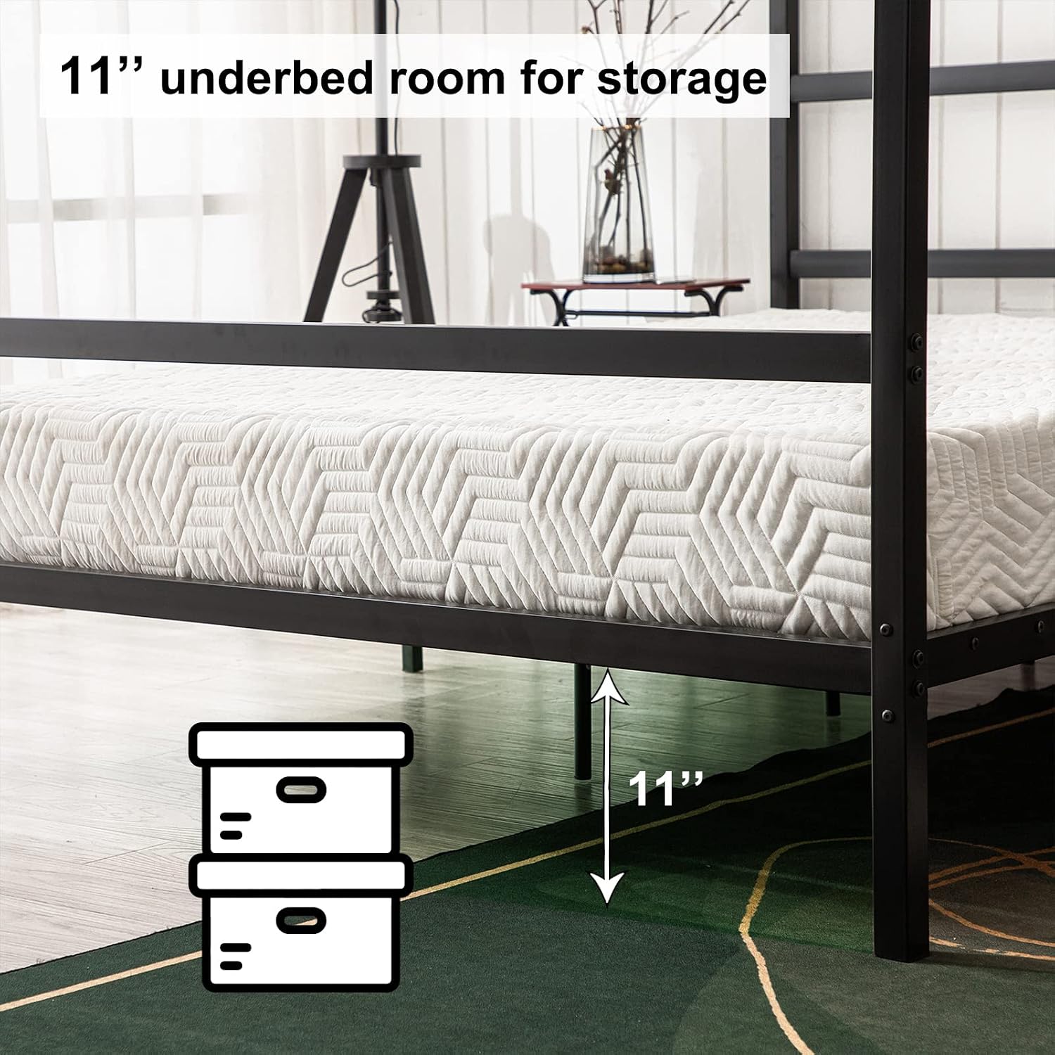 Bonnlo Black Canopy Bed Frame Full with Headboard, 10 Inch Metal Platform Bed Full with 4 Posters, No Box Spring Needed