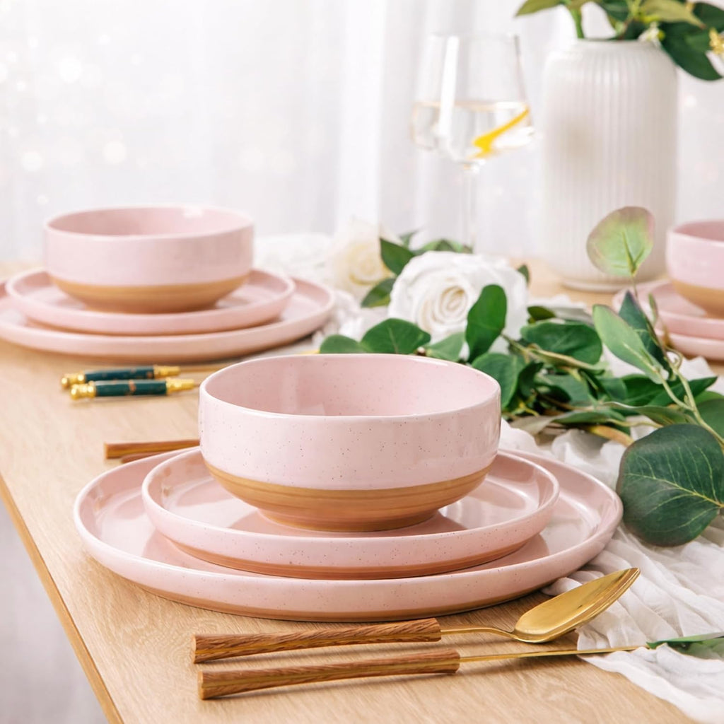 AmorArc Ceramic Dinnerware Sets for 8, 24 Pieces Handpainted Speckled Plates and Bowls Set with Rustic Terracotta Underside, Scratch Resistant Stoneware Dishes Set, Dishwasher & Microwave Safe, Pink