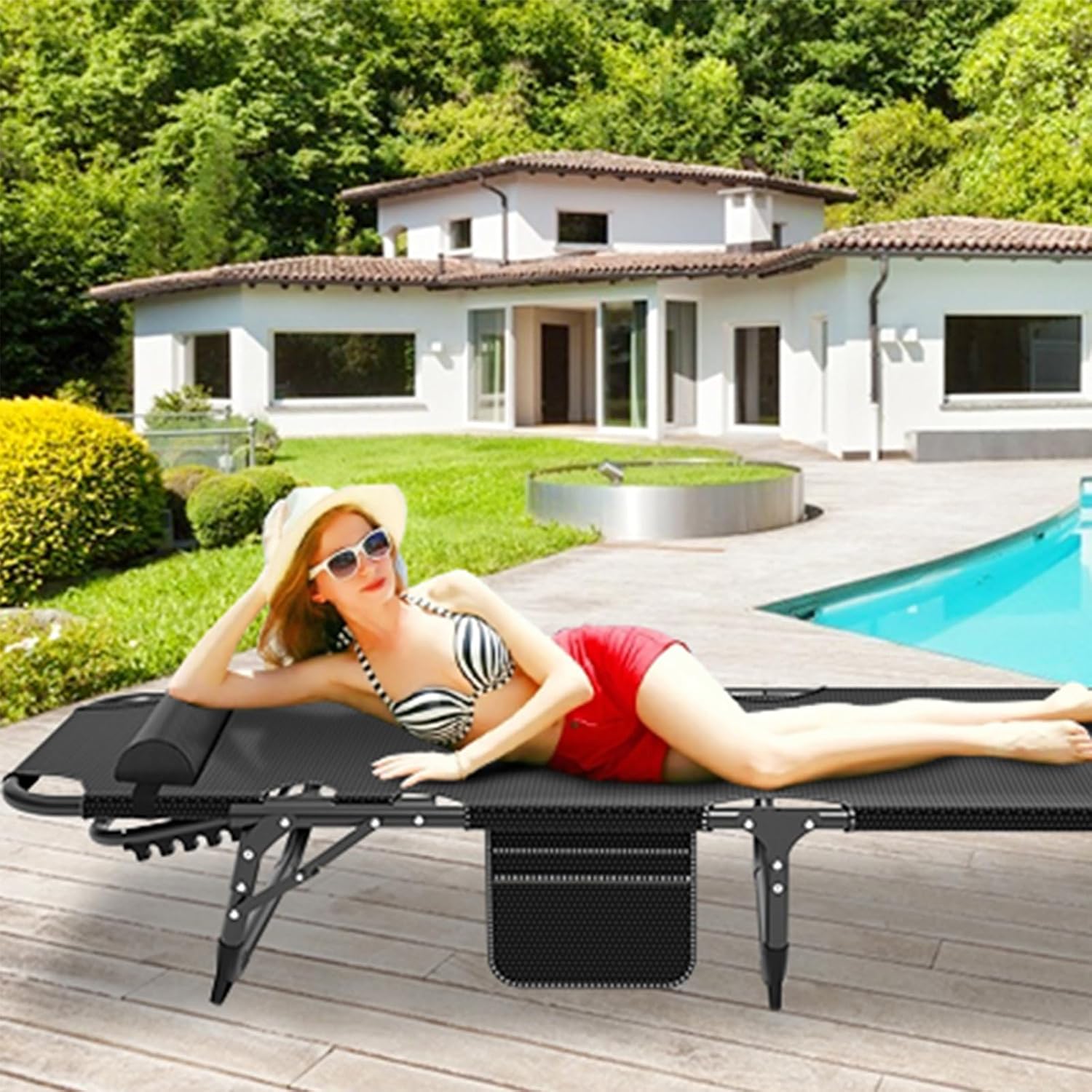 LILYPELLE Folding Outside Chaise Lounge Chair with Mattress, 5 Position Adjustable Patio Folding Lounge Chair Reclining Chairs Perfect for Sunbathing, Camping, Pool, Beach, Patio