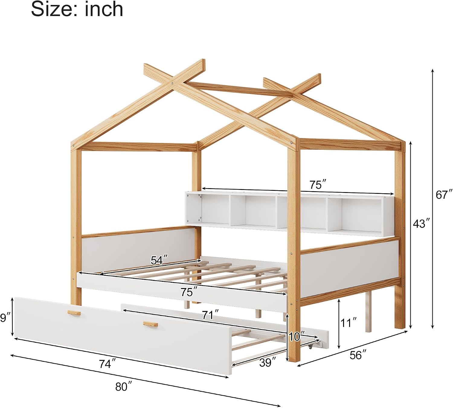 Virubi Full Size Wood House Bed for Kids, Wood Frame Daybed with Twin Size Trundle and Open Bookshelf for Boys Girls Teens Children Bedroom Guest Room (White+Trundle, Full)