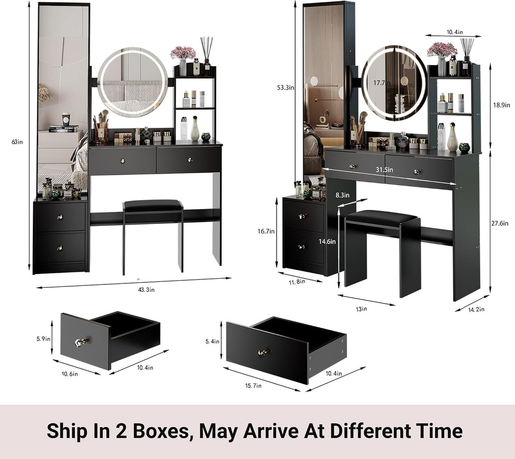 Modern Vanity Desk with Lights Detachable Full-Length Mirror Cabinet Power Outlet Makeup Dressing Table Vanity Set with Stool 4 Drawers Open Shelves for Bedroom Girl Women Vanity Gift (Black)