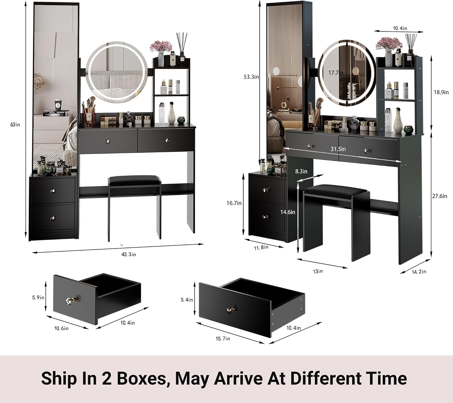 Modern Vanity Desk with Lights Detachable Full-Length Mirror Cabinet Power Outlet Makeup Dressing Table Vanity Set with Stool 4 Drawers Open Shelves for Bedroom Girl Women Vanity Gift (Black)