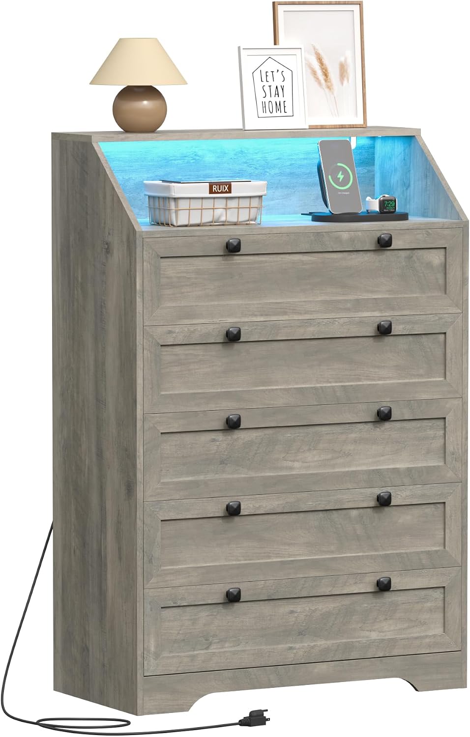 Wodeer Grey Dresser Tall 5 Drawer Dresser for Bedroom, Wood Chest of Drawers with LED Lights, Charging Station, Metal Handles, Modern Storage Cabinet and Organizer Drawers for Living Room, Hallway