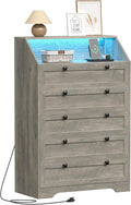 Wodeer Grey Dresser Tall 5 Drawer Dresser for Bedroom, Wood Chest of Drawers with LED Lights, Charging Station, Metal Handles, Modern Storage Cabinet and Organizer Drawers for Living Room, Hallway