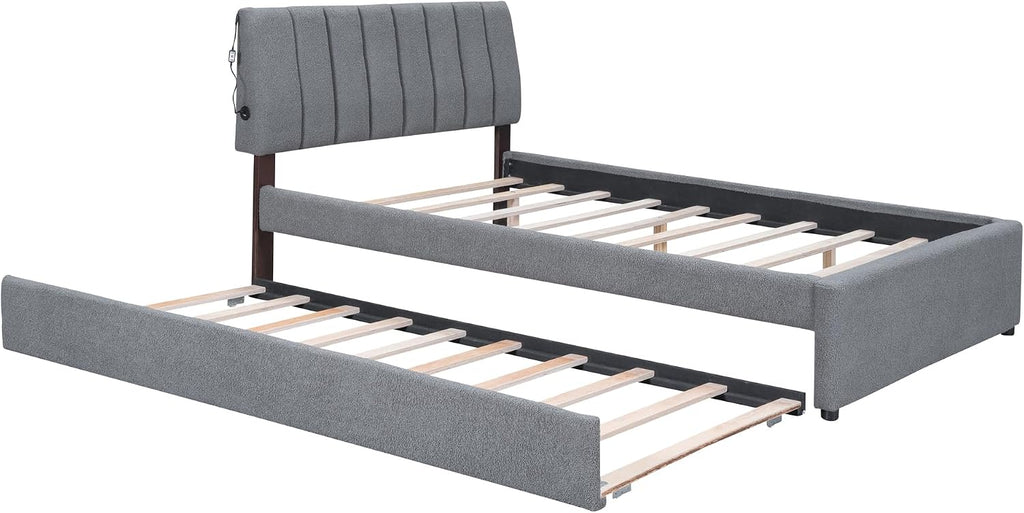 Teddy Fleece Full Size Upholstered Platform Bed Frame for Boys Girls Kids Adults Toddler with Trundle, Gray