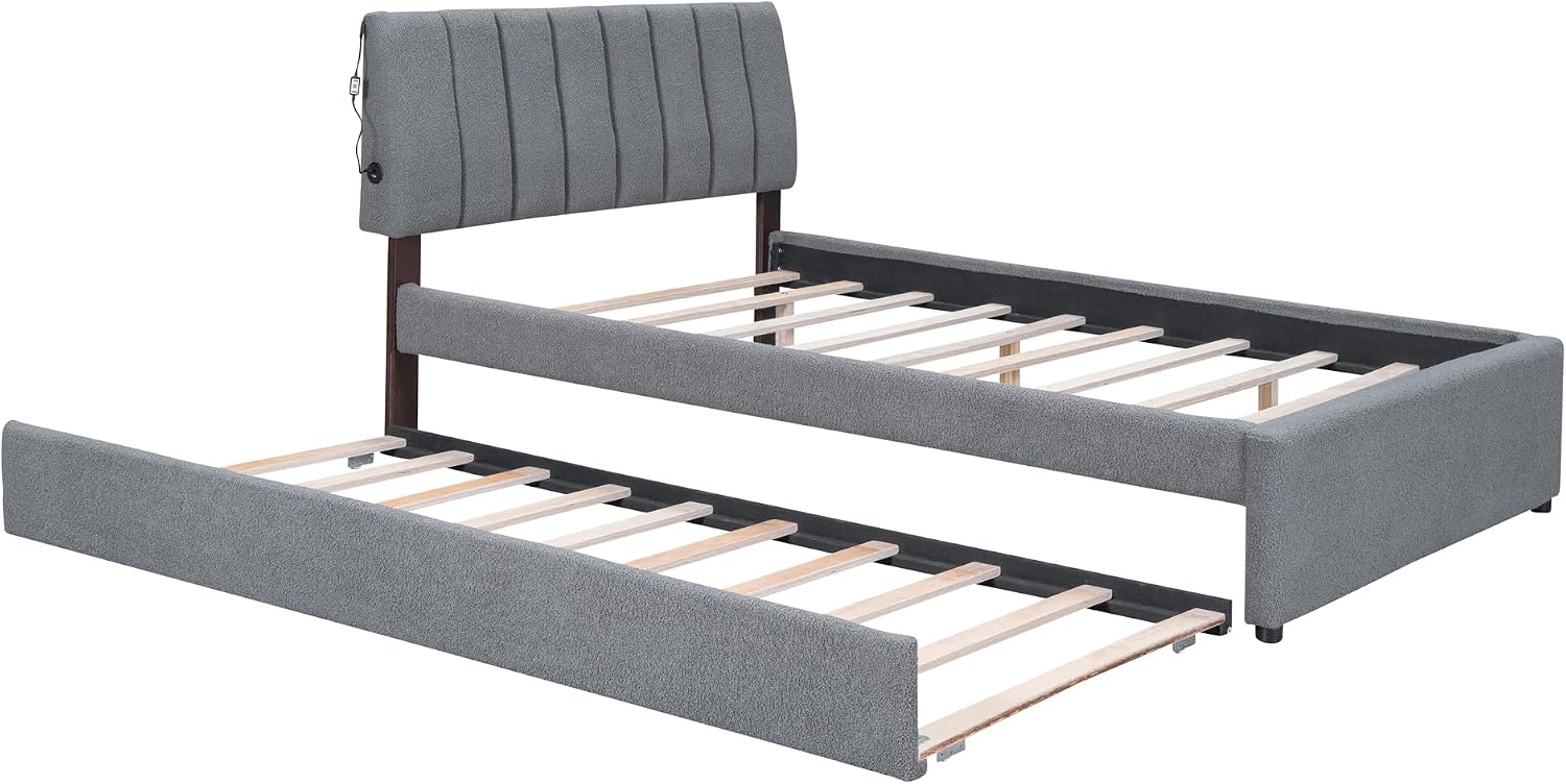 Teddy Fleece Full Size Upholstered Platform Bed Frame for Boys Girls Kids Adults Toddler with Trundle, Gray