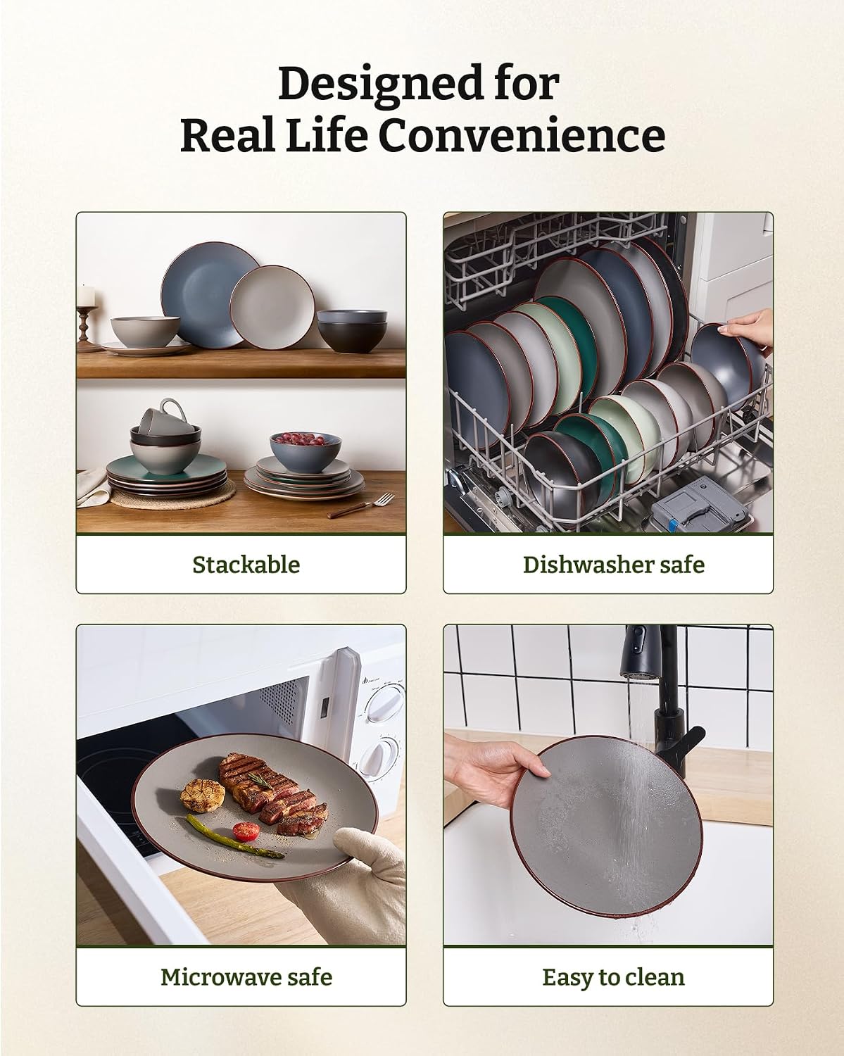 Famiware Venus Plates and Bowls Sets with Trim, 24 Pieces Speckled Stoneware Dinnerware Set for 8, Matte Dark Gray - Microwave & Dishwasher Safe, Modern Minimalist, Dishes for Everyday & Formal Dining