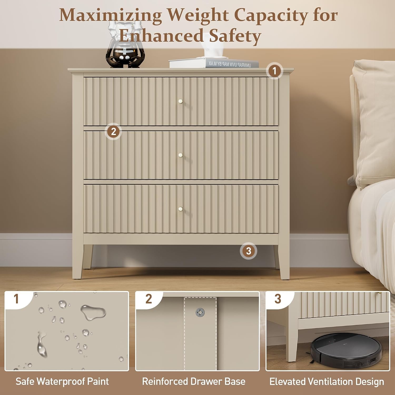 RoyalCraft Beige Fluted 3 Drawer Dresser, 32 inch Wide Dresser Nightstand for Bedroom, Modern Wood Chest of Drawers, Large Painted Nightstand with 3 Drawers for Closet, Hallway, Entryway