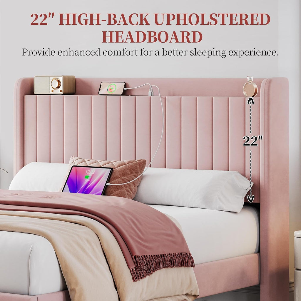 Yaheetech Queen Bed Frame with USB Charging Station and Storage Shelf/Upholstered Headboard Platform Bed with Wing Side/Wooden Slats Support/Noise Free/No Box Spring Needed/Easy Assembly, Pink