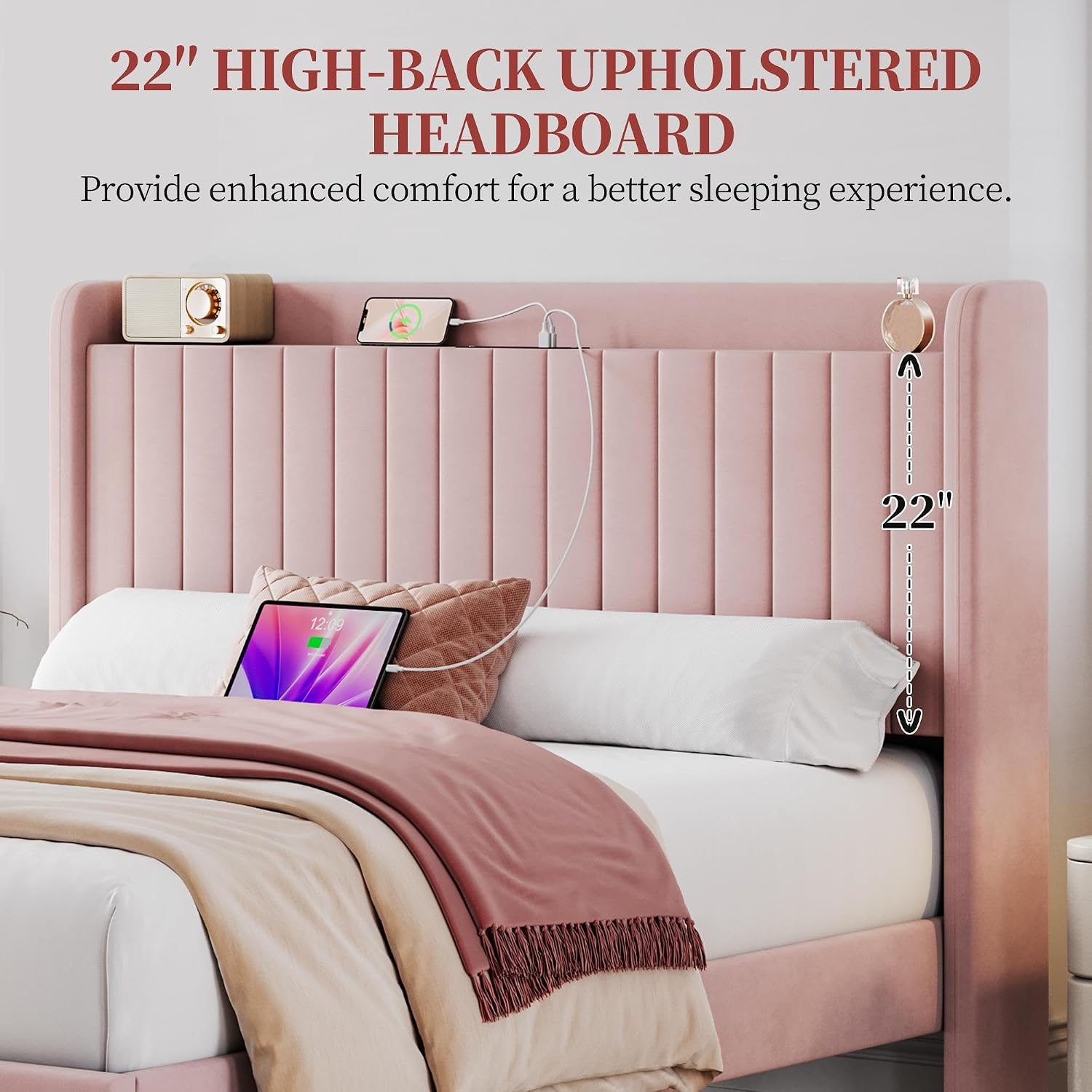 Yaheetech Queen Bed Frame with USB Charging Station and Storage Shelf/Upholstered Headboard Platform Bed with Wing Side/Wooden Slats Support/Noise Free/No Box Spring Needed/Easy Assembly, Pink