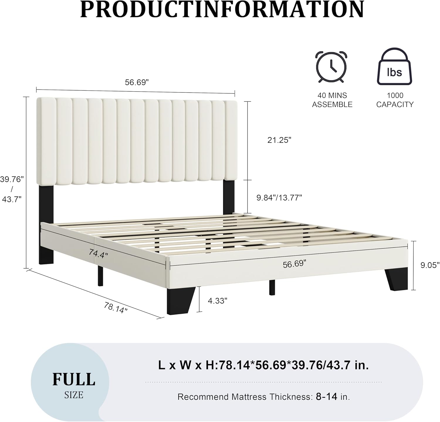 Full Size Bed Frame, Velvet Upholstered Platform Bed with Adjustable Tufted Headboard, Sturdy Frame and Slats, No Noiseless, No Box Spring Required, Easy Assembly, Beige