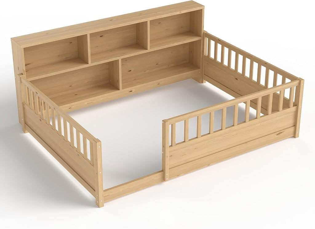 Bellemave Kids Montessori Floor Bed Full Size,Floor Bed Frame with Bookcase and Fence for Kids Boys Girls,Natural