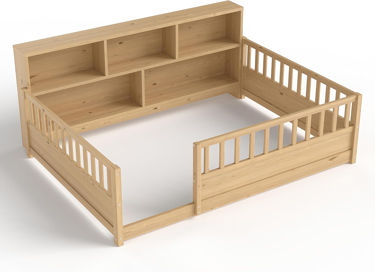 Bellemave Kids Montessori Floor Bed Full Size,Floor Bed Frame with Bookcase and Fence for Kids Boys Girls,Natural