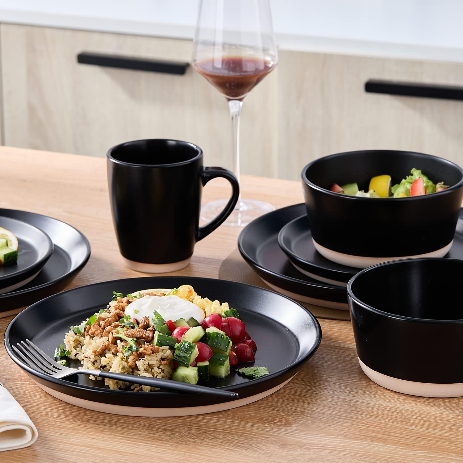 Stone Lain Jules Stoneware 32-Piece Modern Dinnerware Set, Plates and Bowls, Service for 8, Black, Microwave & Dishwasher Safe