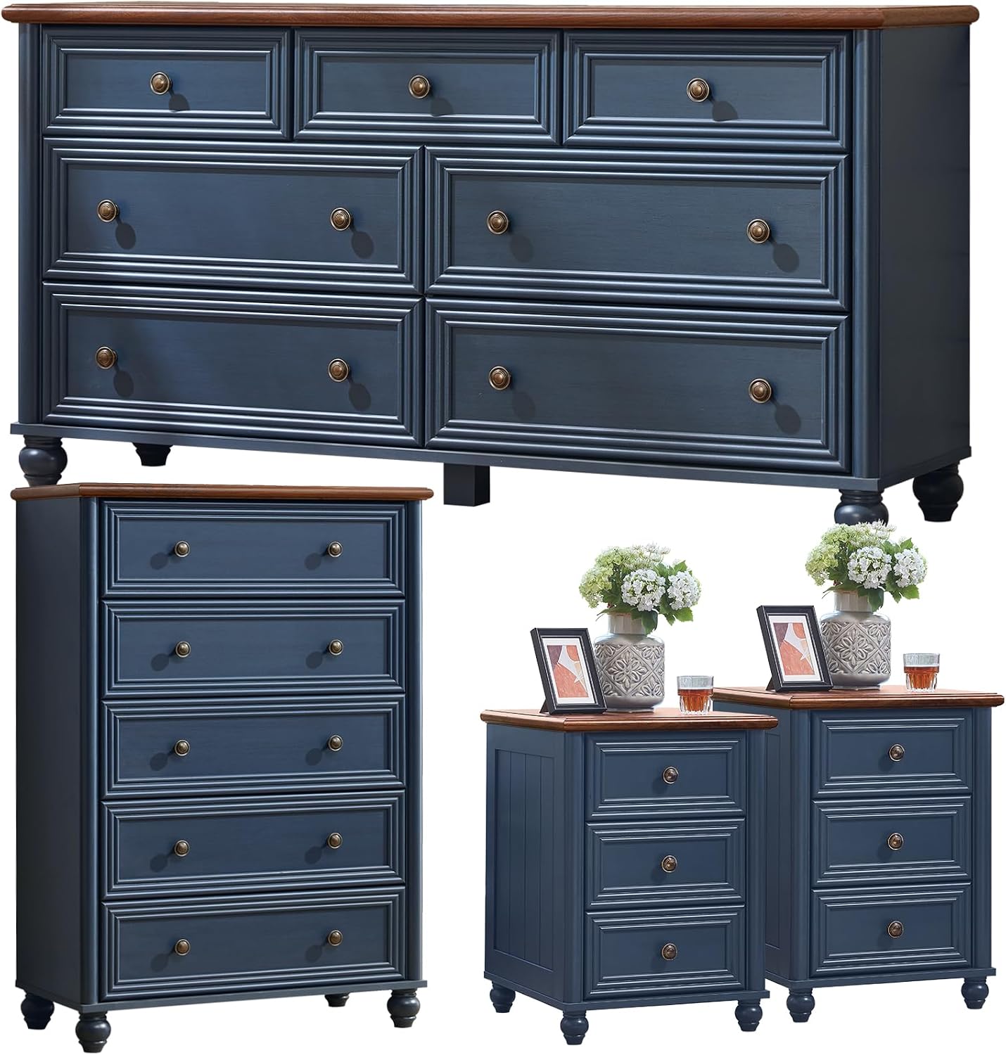 Farmhouse Dressers & Night Stand Set of 4, Wood 54' Wide 7 Drawer Dresser & 45' Tall Chest of Drawers, 18' Roman Column Nightstand Set of 2, Bedroom Furniture Dresser Sets for Home Living Room Hallway