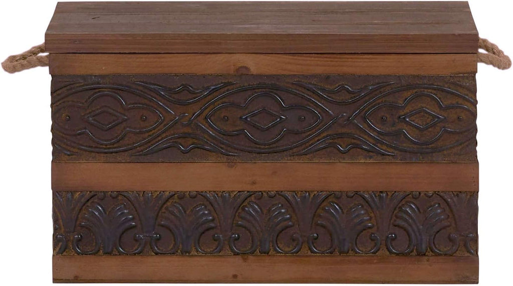 Household Essentials Decorative Trunk, Embossed Metal, Small, Chinese Fir Wood, Darkened Interior, Rope Handles, Flat and Fully Opening Lid, Handmade, Walnut and Almond Stain