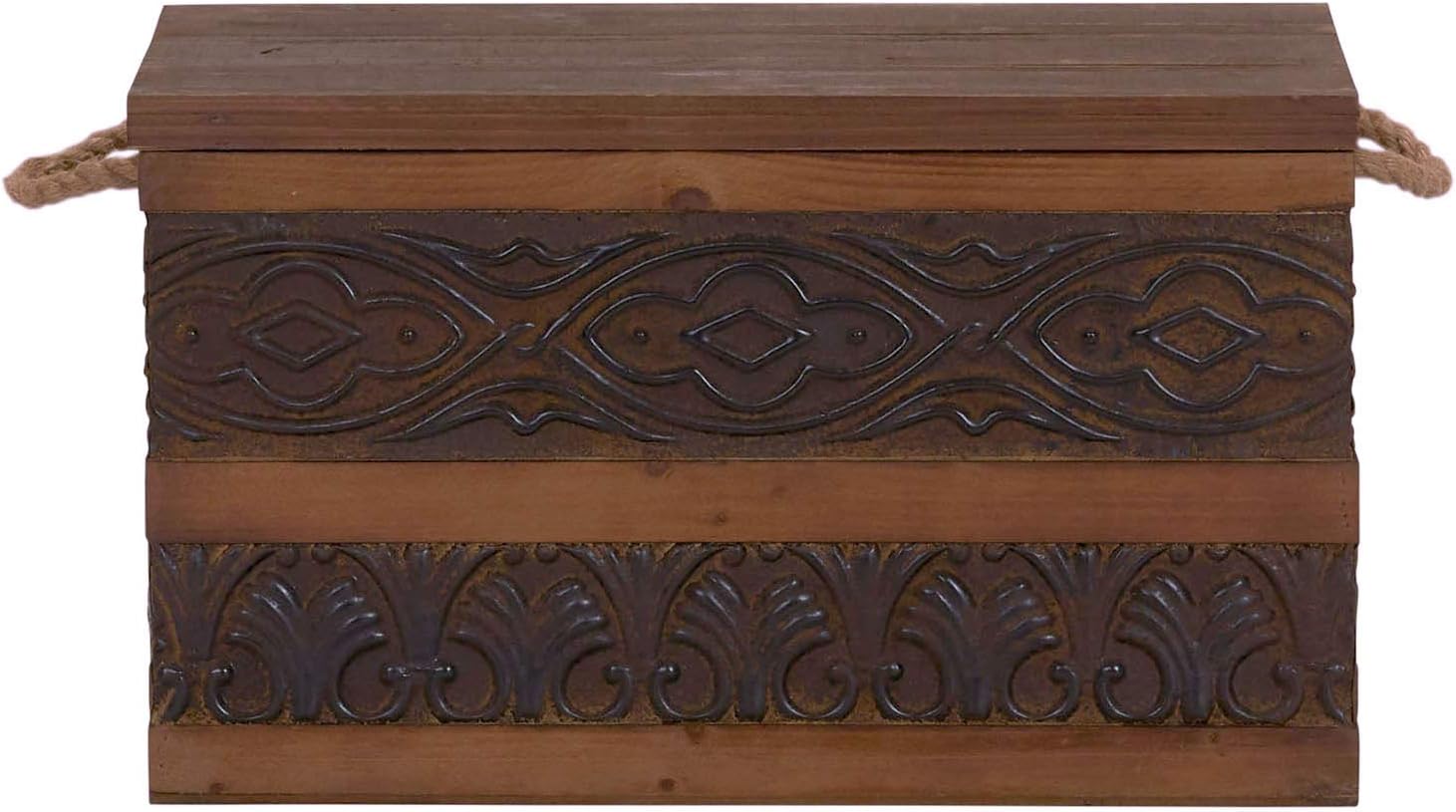 Household Essentials Decorative Trunk, Embossed Metal, Small, Chinese Fir Wood, Darkened Interior, Rope Handles, Flat and Fully Opening Lid, Handmade, Walnut and Almond Stain