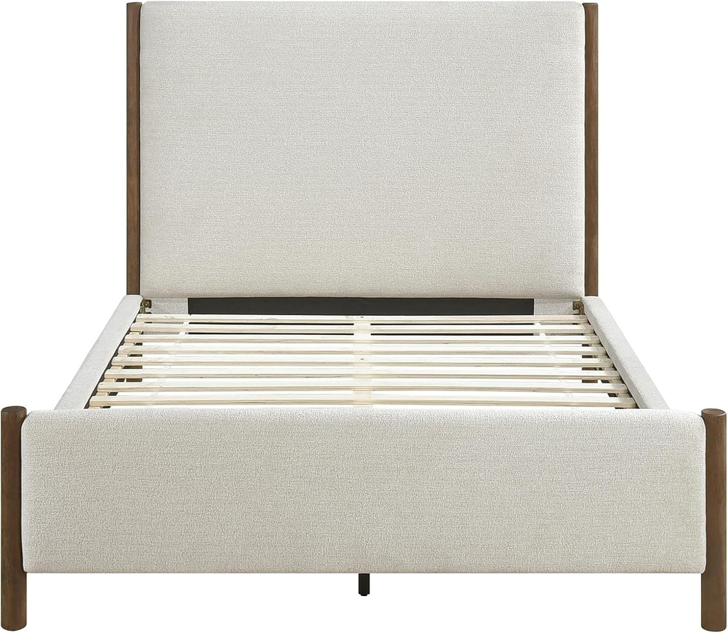 Lexicon Full Size Platform Bed with Chenille Upholstered Bed Frame and Headboard, Caramel Finish, Modern Bed Frame, Wooden Slat Support System, No Box Spring Needed, Easy Assembly