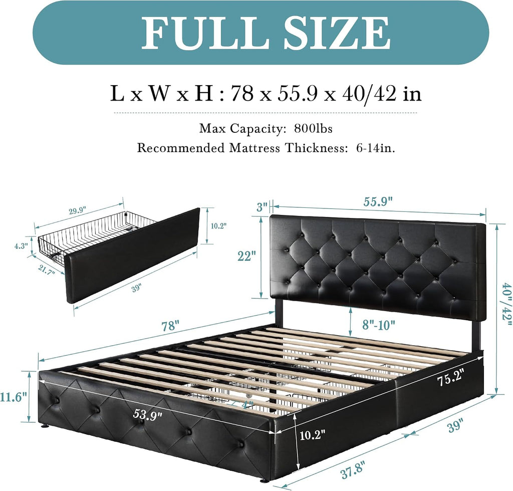 HOOMIC Full Size Platform Storage Bed Frame with 4 Drawers & Adjustable Headboard, Wooden Slats, No Box Spring Needed,Diamond Stitched Button Tufted Design,Black