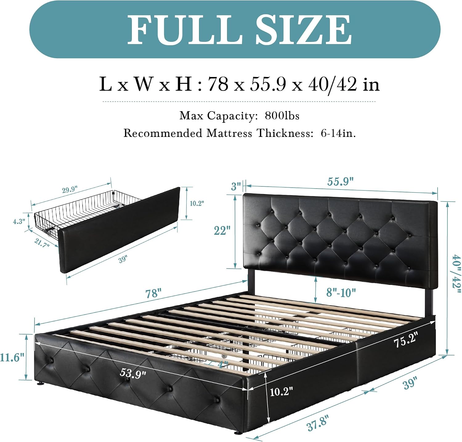 HOOMIC Full Size Platform Storage Bed Frame with 4 Drawers & Adjustable Headboard, Wooden Slats, No Box Spring Needed,Diamond Stitched Button Tufted Design,Black