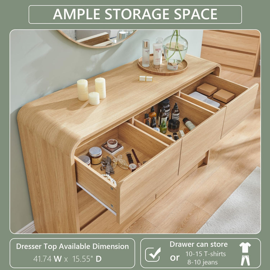 Aitjunz Modern 7 Drawers Dresser for Bedroom, 47' Wide Wood Dressers & Chests of Drawers w/Curved Profile Design, Mid Century Modern Dresser w/Natural Texture for Bedroom, Living Room, Natural Oak