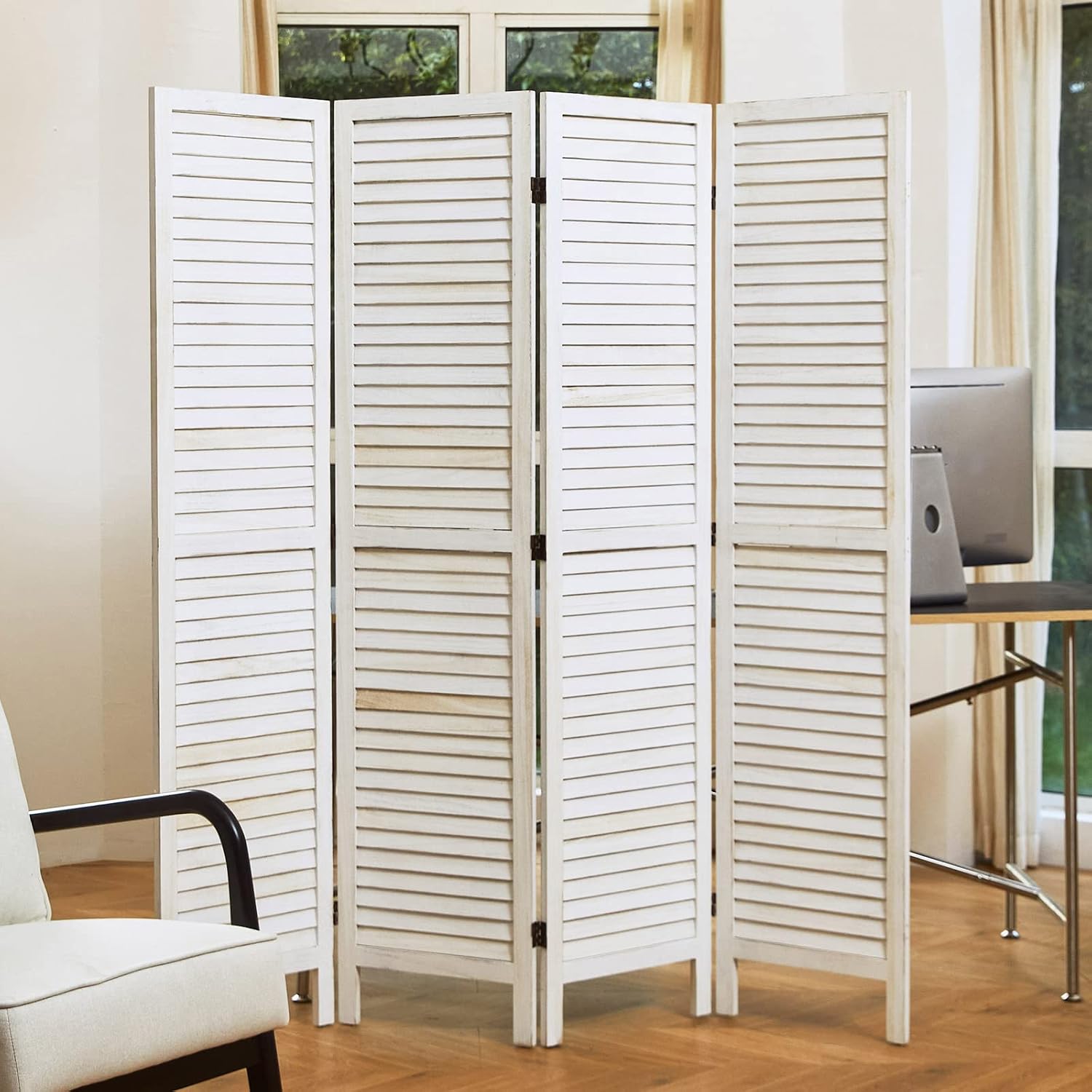 Room Dividers and Folding Privacy Screens, Wood Louvered Separators Divider Wall for Home Office Bedroom - 4 Panels, 67 * 60inch (White-Washed)
