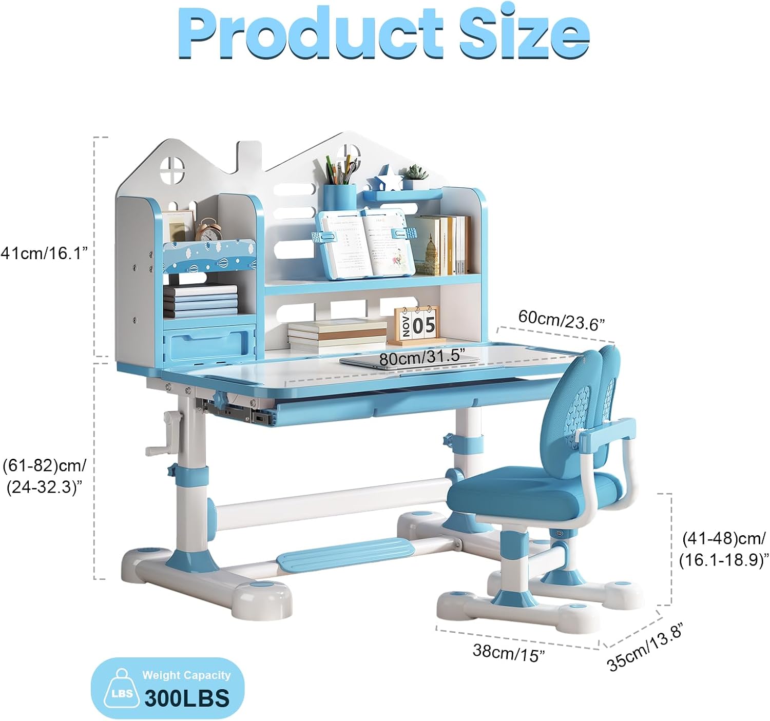 Kids Desk and Chair Set, Height Adjustable Study & Art Desk for Kids Ages 3-12, Easy Crank Adjustable Desk, 0-50° Tilting Desktop, Storage Drawer, Bookshelf, Ergonomic Chair (Blue)