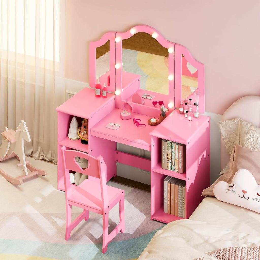 Garvee Princess Vanity Table & Chair Set for Girls with Tri-Folding Mirror, Touch Light Vanity Desk with Storage & High Back Chair - Convertible to Writing Desk, Gift for Girls